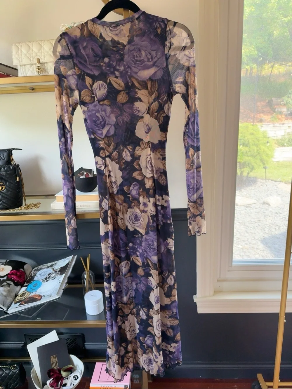 Free People Floral Mesh Maxi Dress S NWT $168 Purple Ruched